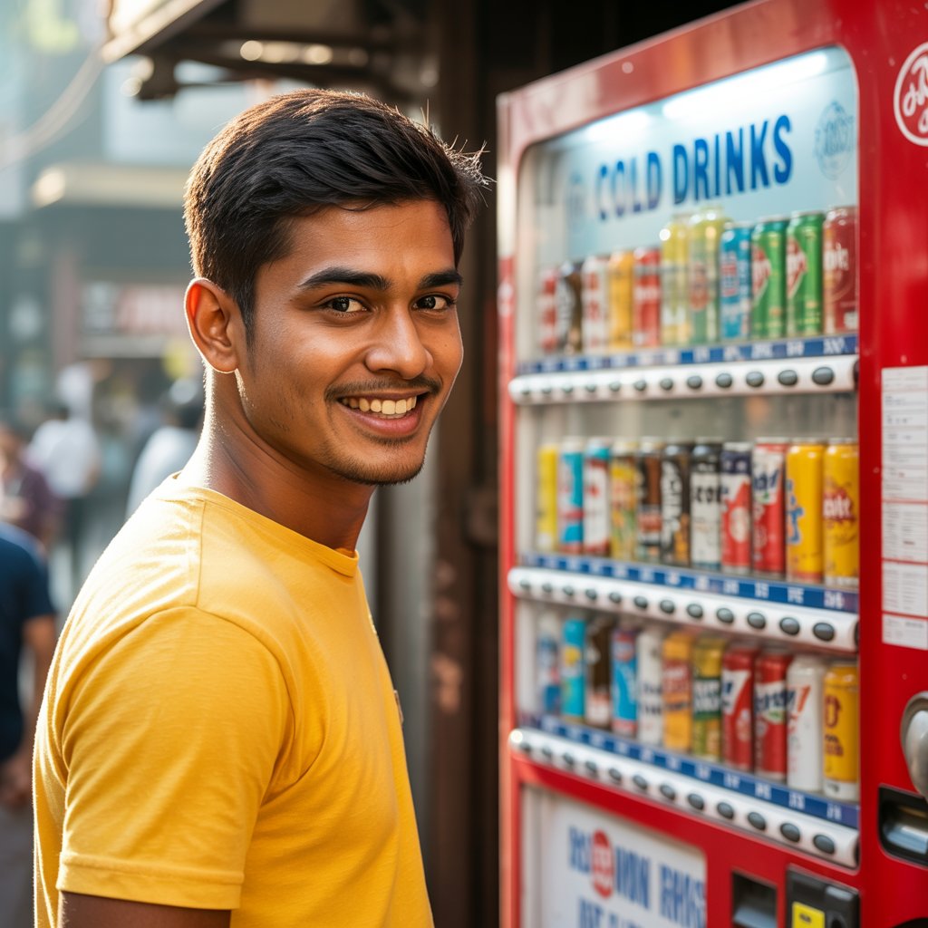 Indian man standing in front of Otifi Vending Machine